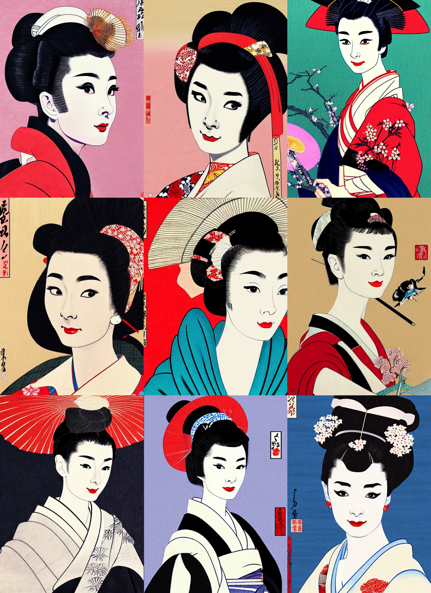 Prompt: painting of audrey hepburn as maiko with hair decoration in ukiyo - e art, half body, 4 k, ultra detailed, photo realistic