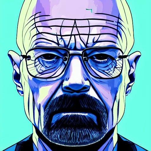Prompt: high quality, walter white, portrait, cyberpunk colors, neotrad