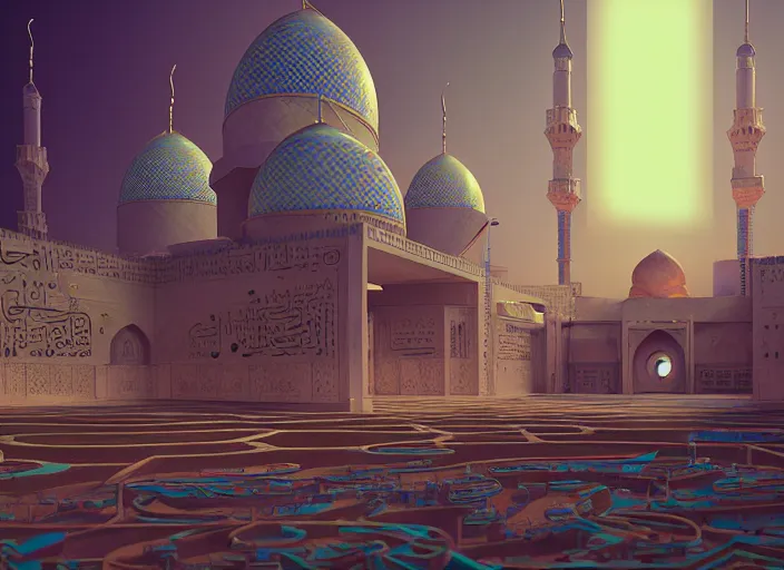 Image similar to a cyberpunk mosque in arabia by paolo eleuteri serpieri and tomer hanuka and chesley bonestell and daniel merriam and tomokazu matsuyama, unreal engine, high resolution render, featured on artstation, octane, 8 k, highly intricate details, vivid colors, vector illustration