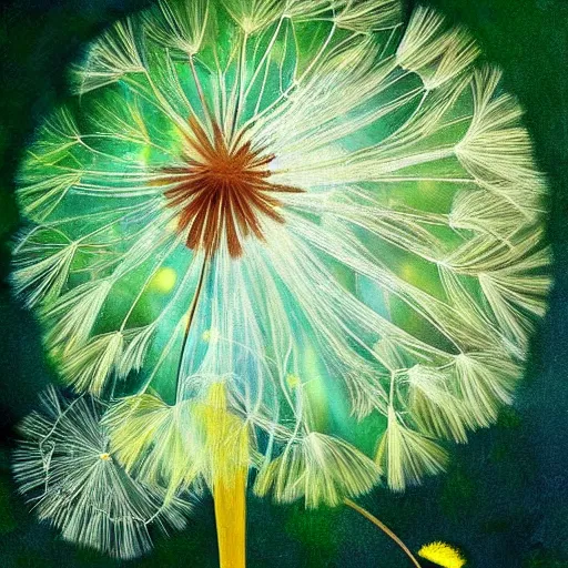 Prompt: a beautiful fairytale painting of a dandelion seed that is also a fairy. the dandelion seed is the body of the fairy. beautiful clear painting by arthur