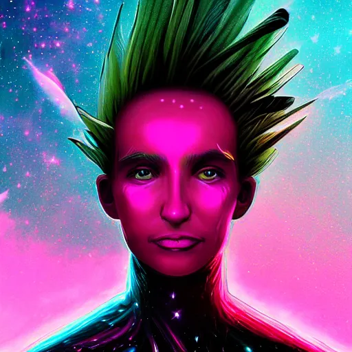 Image similar to portrait from a avian bird alien, feathers, synthwave, universe background, nebula, galaxy, artstation