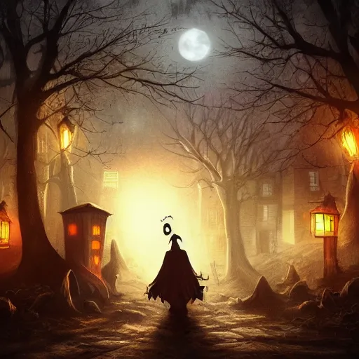 Image similar to a creepy and eery Halloween setting, with Jack o lanterns on the street and shadow figures lurking about, dynamic lighting, photorealistic fantasy concept art, stunning visuals, creative, cinematic, ultra detailed, trending on art station, spooky vibe