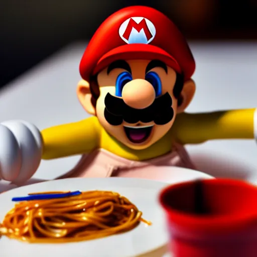 Prompt: photo of super mario sitting at a table eating spaghetti, highly detailed, extremely high quality, hd, 4 k, 8 k, canon 3 0 0 mm, professional photographer, 4 0 mp, lifelike, top - rated, award winning, realistic, detailed lighting, detailed shadows, sharp, no blur, edited, corrected, trending