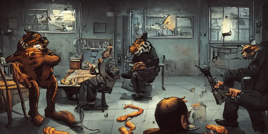 Image similar to a tiger butcher is being interrogated by a detective seal at the police station, new york, cartoonish, zenith view, warm color palette, night time, dramatic lighting, noir film, fine details, high contrast, blacksad, kim jung gi, greg rutkowski, trending on artstation, 8 k, ultra wide angle