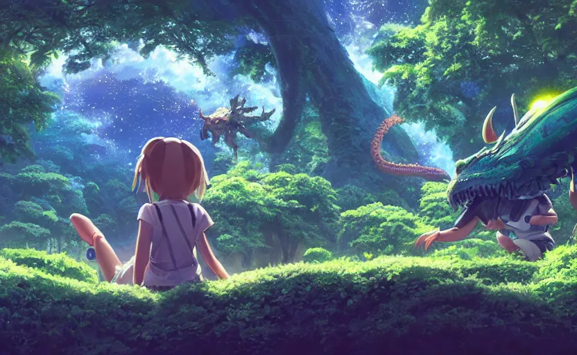 Image similar to a still of a cute adorable tiny astronaut, on a planet of lush foliage, with an enormous kaiju dragon surrounding, magical forest, sharp focus, neon backlit, highly detailed, disney pixar studio ghibli makoto shinkai, digital painting, matte, octane render, global illumination, iridescent, anime, 8 k concept art