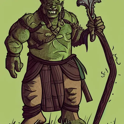 Image similar to illustration of a orc in a maze wielding an axe, full body view, line art, illustrated, simple colors, detailed textures