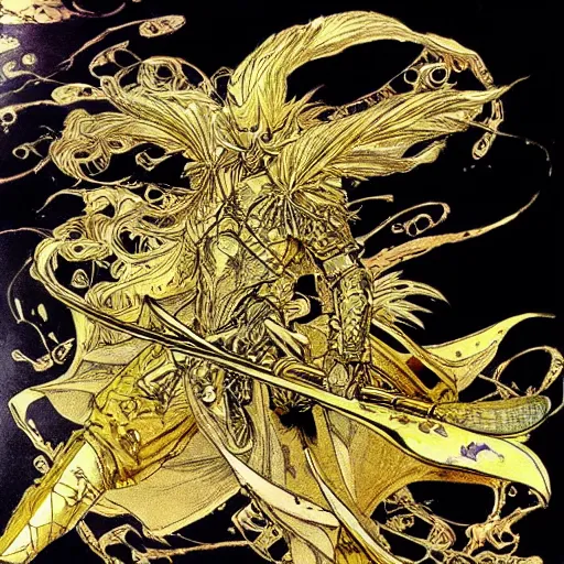 Image similar to a golden handsome magic swordsman with glides through a beautiful battlefield magic the gathering dramatic esoteric pen and ink illustrated in high detail by Yoshitaka Amano