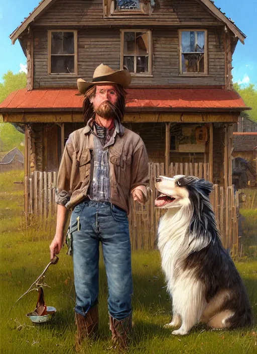 Image similar to highly detailed portrait of long - haired hillbilly in front of old style house, with his fluffy australian shepherd, blonde hair, stephen bliss, art by greg rutkowski, loish, rhads, ferdinand knab, makoto shinkai and lois van baarle, artgerm, pixar, ilya kuvshinov, rossdraws, tom bagshaw, global illumination