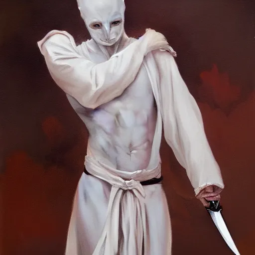 Image similar to fantasy painting of a pale man dressed in robes with a black blade, painted by Bayard Wu, ultra detailed, 8k