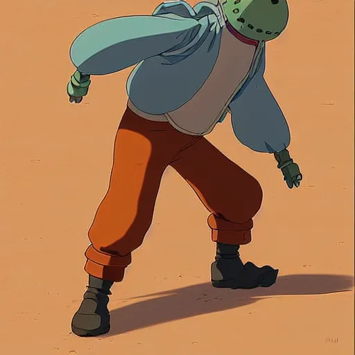 Image similar to a study of cell shaded cartoon of an orange mechanized monk from howl's moving castle ( 2 0 0 4 ) on a desert road, full body, wide shot, very muted colors, post grunge, studio ghibli, laurie greasley, highly detailed, deviantart, art by artgem