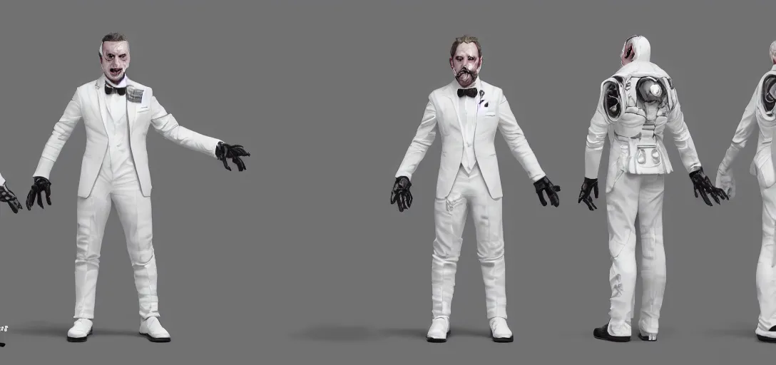 Image similar to character sheet concept art of a galaxy skin wearing a white tuxedo, realistic, hyperrealistic, photographic, costume, wlop, dan mumford, greg rutkowski, high detail, octane render, alexander mcqueen, james gurney, james jean, mucha, photo, 8 k, intricate