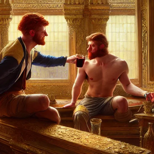 Image similar to attractive male mike with ginger hair with attractive male tyler with brunet hair, drinking their hearts out, in their noble mansion. highly defined painting, highly detailed painting by gaston bussiere, craig mullins, donato giancola 8 k