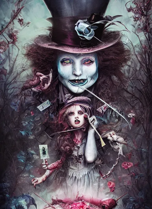 Prompt: alice in wonderland mad hatter death tarot card, highly detailed, cinematic, 8 k, by stanley artgermm, tom bagshaw, greg rutkowski, carne griffiths, ayami kojima, beksinski, giger, trending on deviantart, hyper detailed, horror, full of colour