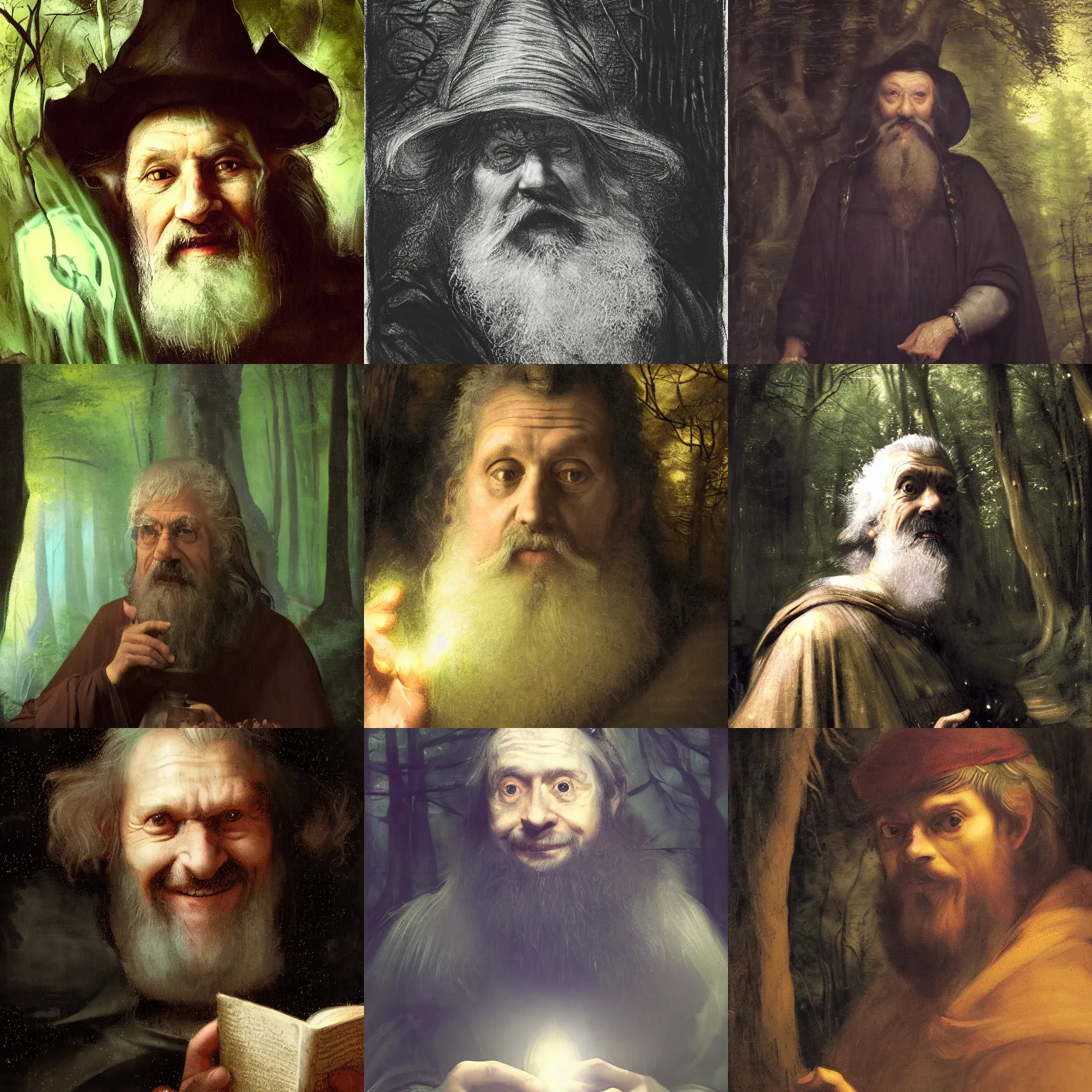 Prompt: portrait of merlin, the enigmatic!!!, wise, smiling wizard, in a dark fae forrest. close up, bokeh, beautiful lighting, low key light, nikon d 7 5 0, hd, ycbcr, lumen reflections, character concept art by rembrandt, annibale carracci, camille corot, and shishkin