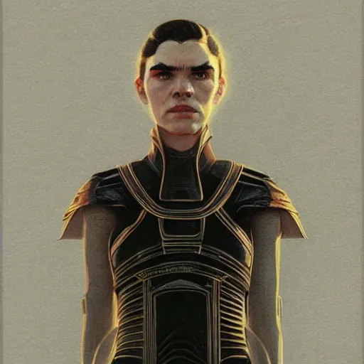 Image similar to Portrait of Grimes in Dune 1984, illustrated by Greg Rutkowski, trending on artstation, artstationHQ, artstationHD, 4k, 8k