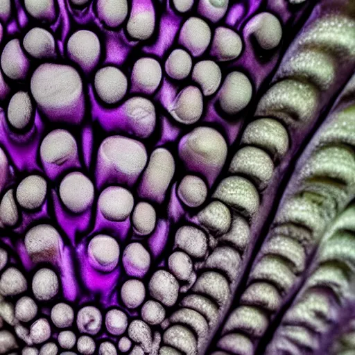 Prompt: a mushroom's gills from the bottom that is purple and grey with intricate microscopic view of patterns ; maximum realism ; maximum detailed close - up ; dramatic lighting