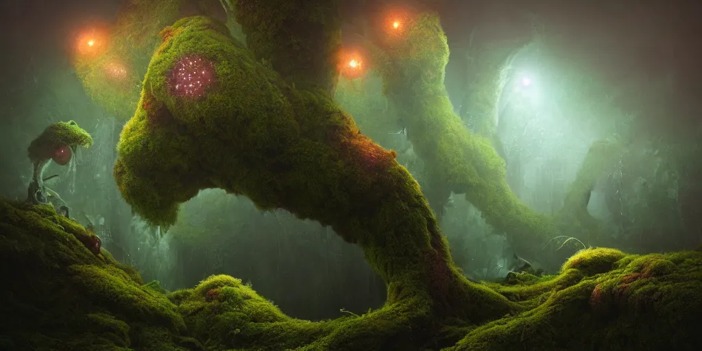 Image similar to a beautiful macro photography of moss with alien fungus, hyperdetailed, warm volumetric lights , made by Gerald Brom and Mike Winkelmann