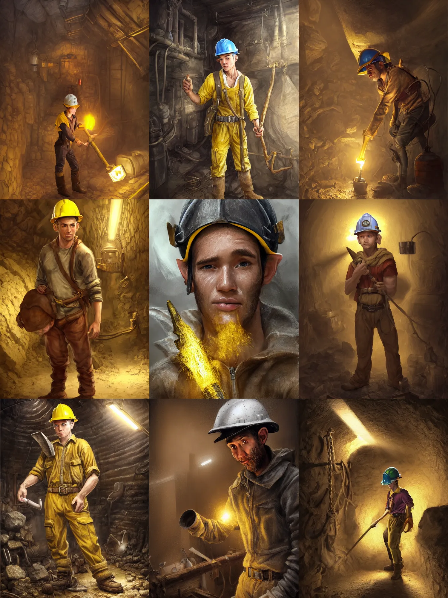 Prompt: picture of male miner young elf inside a gold mine, burly, work clothes, safety helmet, light skin, pointy ears, dark yellow hair, ponytail, sweat, dirty clothes, high fantasy, highly detailed, detailed faces, smooth, sharp focus, chiaroscuro, dnd, digital painting, concept art, rossdraws and moebius and jon mcnaughton