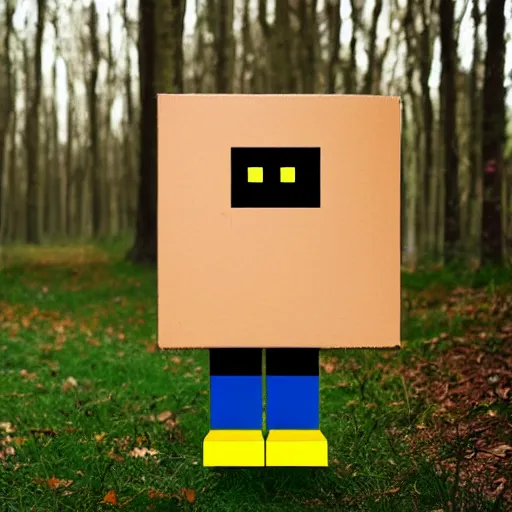 Prompt: robot made of a cardboard box, crayon face, walking through the forest