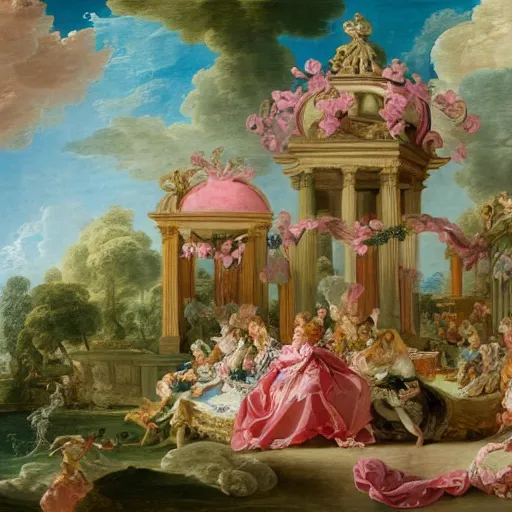 Image similar to colorful oasis in the style and the language of Rococo, reimagining the dynamism of works by eighteenth-century artists such as Giovanni Battista Tiepolo, François Boucher, Nicolas Lancret and Jean-Antoine Watteau through a filter of contemporary cultural references including film, food and consumerism