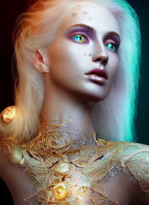 Image similar to beauteous sumptuous white pearlescent iridescent skin on face, crystal, gold, copper, bronze biomechanical with incredible iridescent pearlescent voluminous neon hair, crystalline masterpiece incrustations, hyperdetailed face, elegant pose, movie still, intricate, octane render, cinematic forest lighting, unreal engine, crepuscular rays, god rays