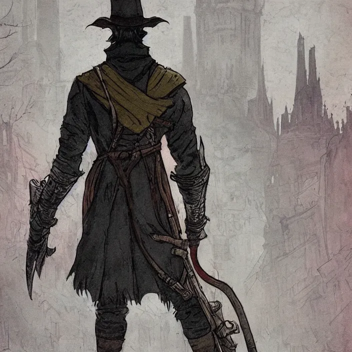 Image similar to hunter from bloodborne in yharnam, style by retrofuturism, faded red and yelow, by malcolm smith, old comics in city, nicholas roerich, katinka reinke