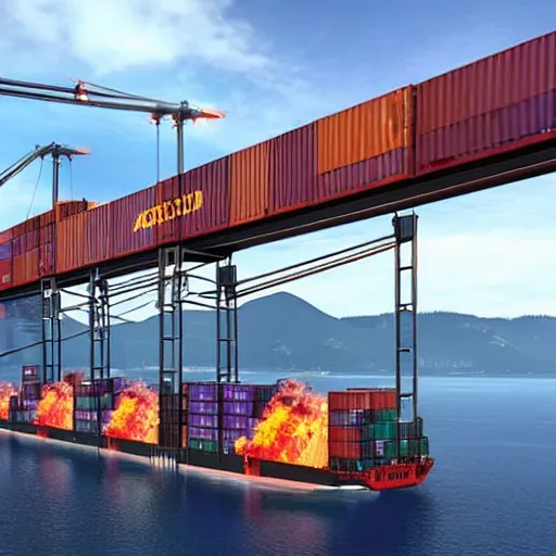 Prompt: Port of Vancouver, gantry lifting a container on fire, hyper realistic, futuristic