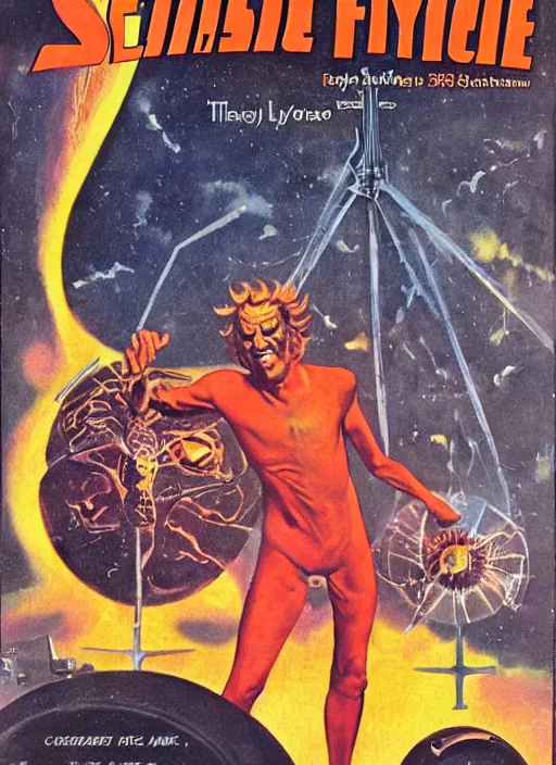 Prompt: Christopher Lloyd as Satan in retro science fiction cover by Kelly Freas (1965)