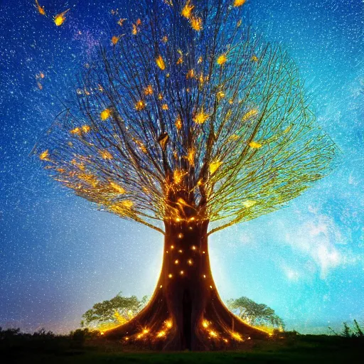 Image similar to mystical giant tree full of fireflies, blue golden leafs, 8k