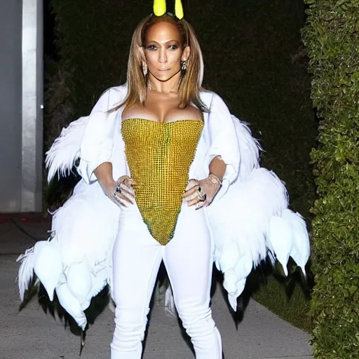 Image similar to full body photo of jennifer lopez, she is wearing a funny hallowen costume of corn on a cob