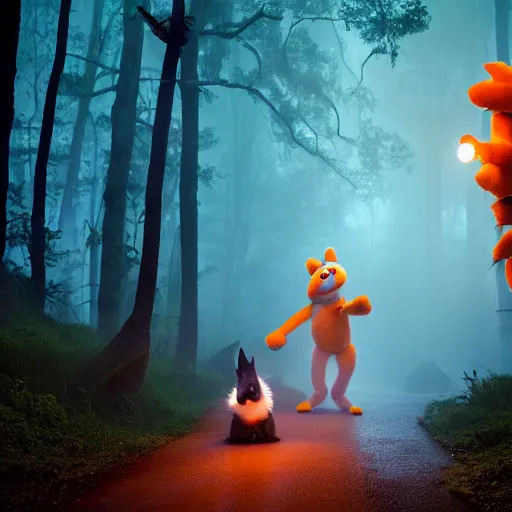 Image similar to a large orange fox kitsune two tailed muppet wearing a hooded cloak holding a lit torch and herding a bunch of random muppet animals following behind through a dark foreboding misty blue forest at night, sesame street, photograph, photography, ultrarealistic, national geographic