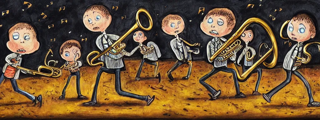 Prompt: painting of a line of children throwing brass instruments into a pile by tim burton, unsaturated, sad, dreary, dark