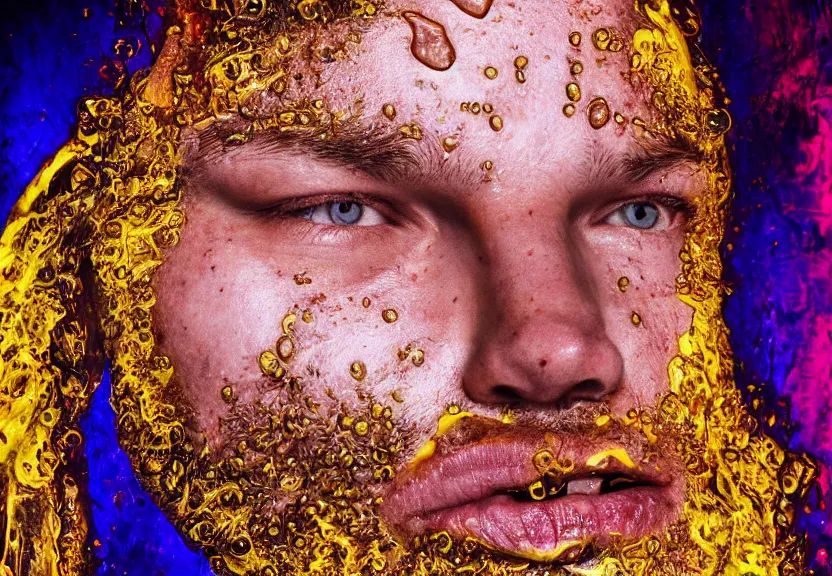 Prompt: a ultra realistic photograph of a man's face dripping with neon honey, renaissance