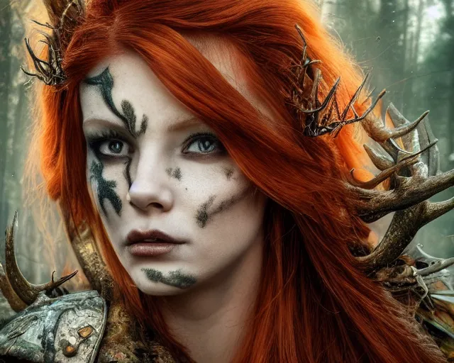 Image similar to 5 5 mm portrait photo of an armored gorgeous anesthetic redhead woman warrior with a face tattoo and antlers growing from her head, in a magical forest in the style of stefan kostic, art by luis royo. highly detailed 8 k. intricate. lifelike. soft light. nikon d 8 5 0. cinematic post - processing