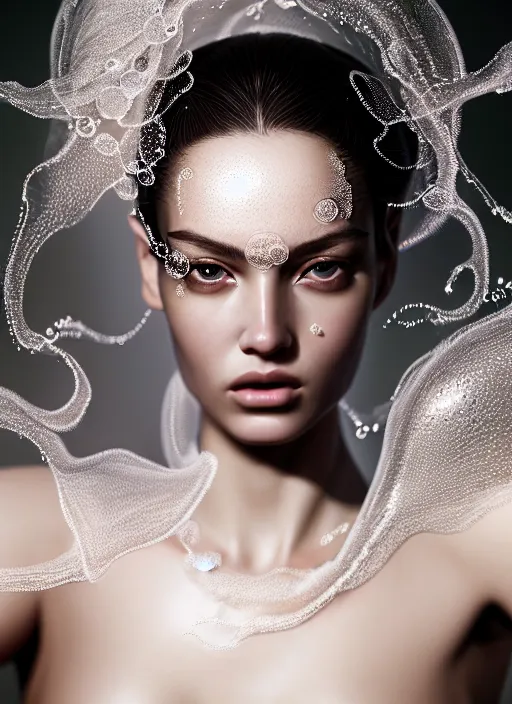 Prompt: a fierce nubile young woman with reflections in her eyes and slicked hair, intricate white bubbles and foam on her skin, elegant, graceful, fashionable, cinematic, hyperdetailed illustration by irakli nadar and alexandre ferra, intricate linework, faberge, ornamental, depth of field, global illumination,