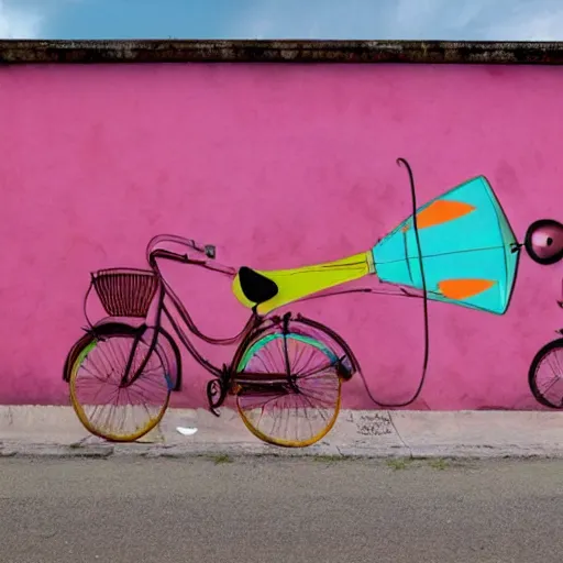 Prompt: a grafitti of a bicycle carrying a surfboard, pink and orange, street art by Etam Cru and Madsteez