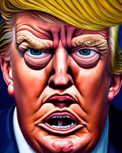 Image similar to a overhead close up portrait of Cyclops Donald Trump with an angry expression, facing front, looking up, by Lucian Freud and Jenny Saville, oil painting, anatomically correct, beautiful perfect face, sharp focus, Highly Detailed, Cinematic Lighting, 8k, HD