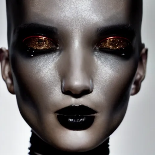 Image similar to close up of face from a fashion model with black Thierry Mugler dress in cyberpunk style, official Thierry Mugler editorial, fall-winter 2015-2016, highly detailed