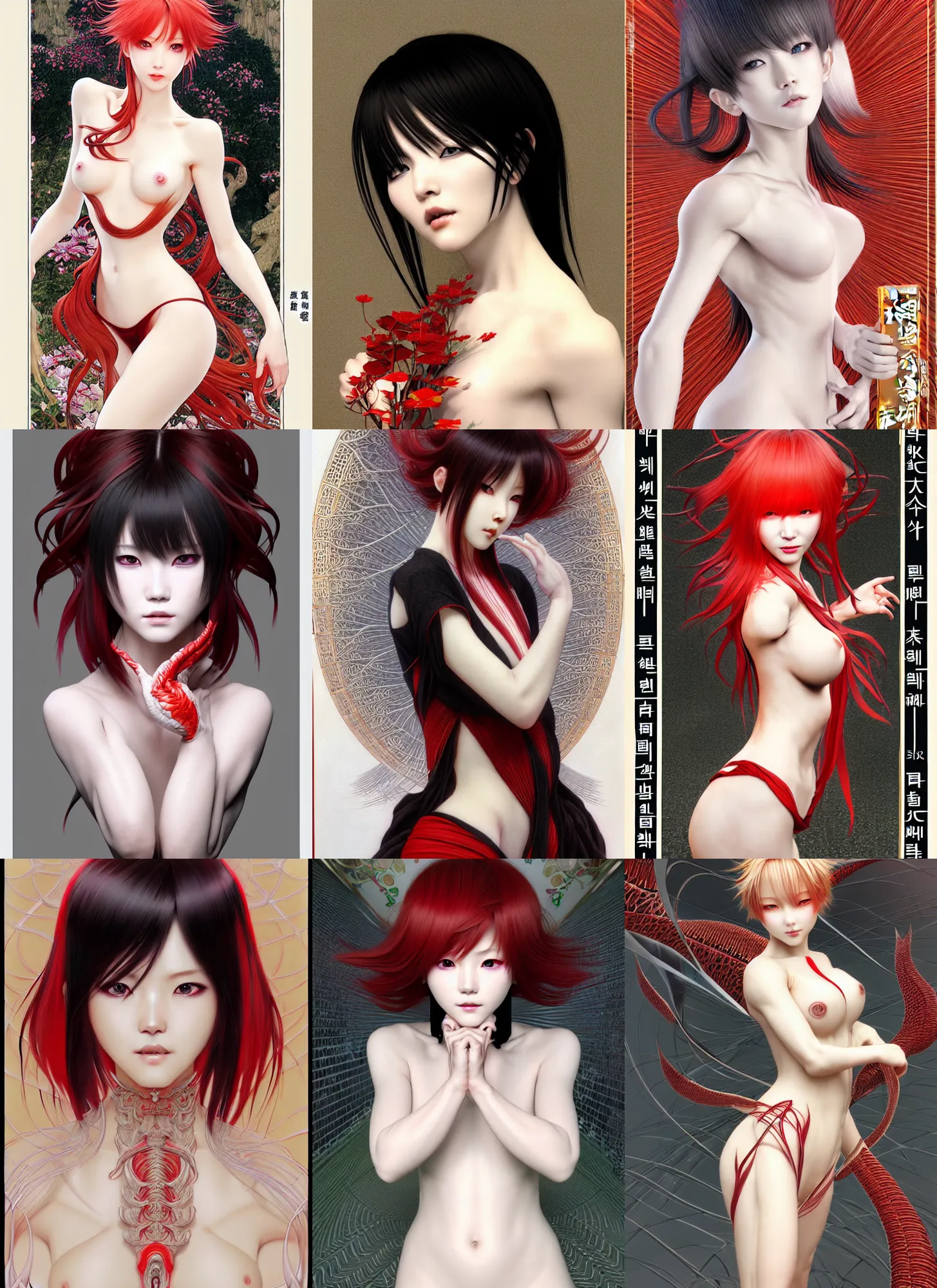 Prompt: full length complex 3 d hyper realistic smooth ultra sharp render of a gorgeous female | red scaly skin | short white hair!!! long bangs | solid black pupils!! | art by oh jinwook + 吵 集 仁 儿 on artstaion + takeshi obata + alphonse mucha + jim lee