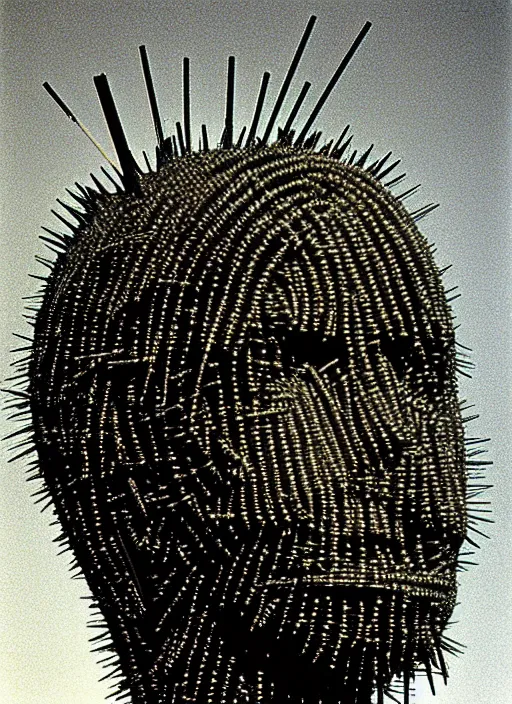 Image similar to realistic photo of a full - height model of human head made of black rubber realistic made of black clay, covered in very very long hay spikes needles, center straight composition, 2 0 0 0, life magazine photo, museum archival photo