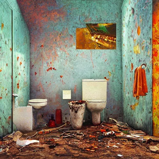 Prompt: UHD hyperrealistic photorealisitc Grungey toilet overflowing with pad Thai, brown sauce, in derelict abandoned bathroom, Vibrant colors, irrdescent glow, Tonalism Painting by Karol Bak, Max Ernst, Adrian Ghenie, Walton Ford