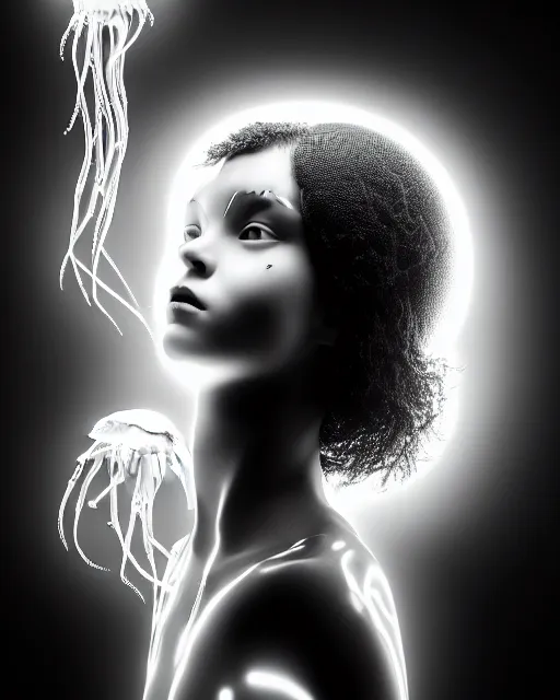 Image similar to black and white young cyborg-human-jellyfish-plant goddess high quality photo, microchip, artificial intelligence, bio-mechanical bio-luminescence, black wired cables, neurons, nerve cells, octane render, cinematic, rim light, hyper realism, photo-realistic, high detail, 8k, masterpiece, high fashion, in the style of Steven Meisel and Dora Maar and H.G. Giger