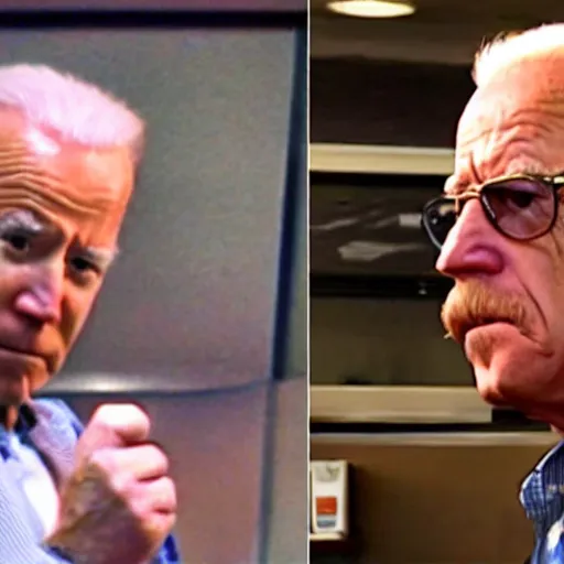 Prompt: security camera footage of joe biden and walter white in los pollos hermanos