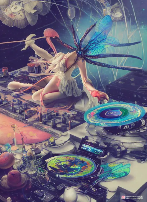 Image similar to surreal gouache painting, by yoshitaka amano, by ruan jia, by Conrad roset, by good smile company, detailed anime 3d render of a magical Dragonfly flying over a Mushroom on a DJ Mixer, Vinyl deck, controller, portrait, cgsociety, artstation, rococo mechanical and Digital and electronic, dieselpunk atmosphere