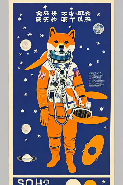 Image similar to Shiba Inu cosmonaut portrait, moon mission, 60s poster, 1968 Soviet Japanese