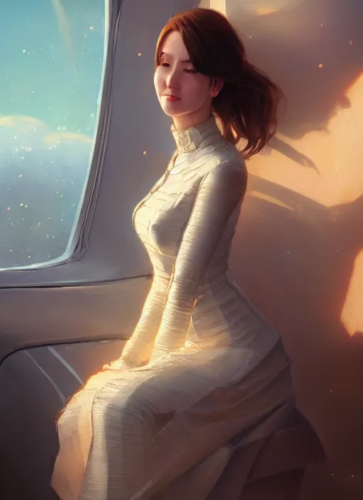 Image similar to woman sitting on a spaceship window, beautiful detailed dress, close face!!!! portrait, beautiful model girl, smiling, by artgerm, by wlop, by greg rutkowski, octane render, digital art