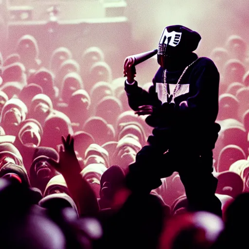 Prompt: mf doom rapping on stage in front of a large crowd, cinematic shot, detailed photography