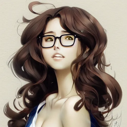 Prompt: An anime drawing of a beautiful curvy woman with shoulder-length curly dark brown hair, brown eyes, and glasses, by Stanley Artgerm Lau, WLOP, Rossdraws, James Jean, Andrei Riabovitchev, Marc Simonetti, and Sakimi chan, trending on artstation