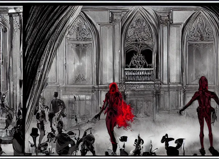 Prompt: the red death enters the ballroom, trending on artstation, elegant, dramatic, ornate, beautiful