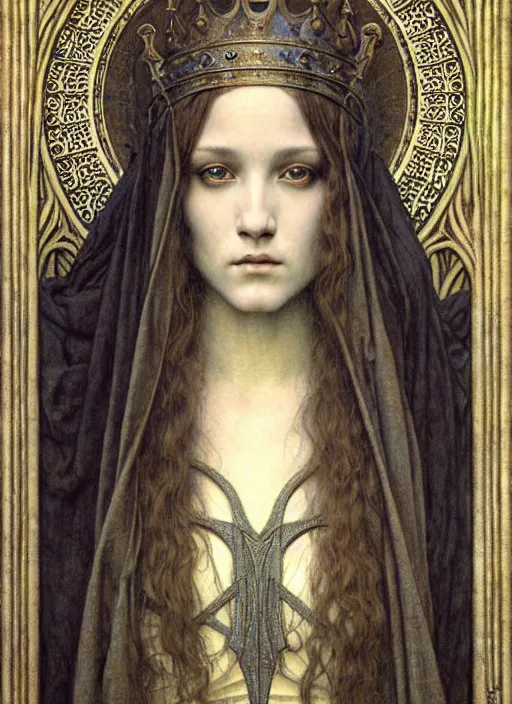 Image similar to detailed realistic beautiful young medieval queen face portrait by jean delville, gustave dore and marco mazzoni, art nouveau, symbolist, visionary, gothic, pre - raphaelite. horizontal symmetry